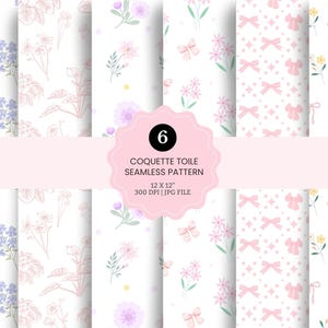 Puede incluir: Seis patrones sin costuras con diseños florales y lazos en colores pastel. Los patrones incluyen flores azules y rosas, lazos rosas y otros elementos florales sobre un fondo blanco. La imagen incluye el texto "Coquette Toile Seamless Pattern".