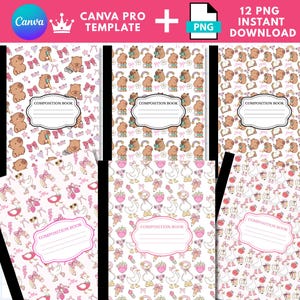 May include: Composition notebooks with different patterns. One design shows brown bears and bows, another has ducks and strawberries, and a third combines both. Each notebook has a label that says "Composition Book". The image also includes the text "Canva Pro Template" and "12 PNG Instant Download".