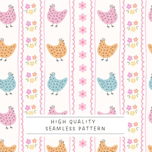 Puede incluir: Patrón sin costuras con pollos de dibujos animados en rosa, naranja y azul, intercalados con flores rosas y líneas onduladas sobre fondo blanco. El texto "HIGH QUALITY SEAMLESS PATTERN" está en la parte inferior.