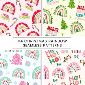 Puede incluir: Cuatro patrones navideños sin costuras con arcoíris, árboles de Navidad, bastones de caramelo y los textos "Merry Christmas" y "HO!" en varios colores. Los patrones están sobre fondos rosa claro, crema y azul claro.