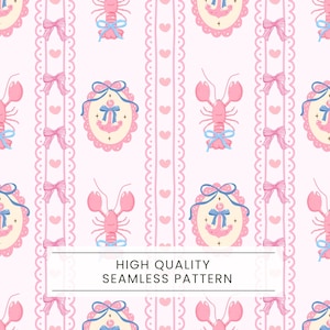 Puede incluir: Un patrón sin costuras con langostas rosas adornadas con lazos azules, marcos ovalados con anclas y lazos rosas sobre un fondo rosa claro. También hay rayas verticales con corazones y bordes festoneados. El texto dice "HIGH QUALITY SEAMLESS PATTERN."