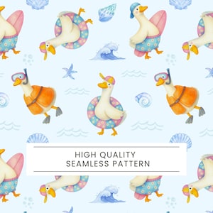 Goose Summer Seamless Pattern, Cute Goose Beach Pattern, Silly goose fabric, Nursery seamless, Watercolor goose, Boy seamless, Trendy summer