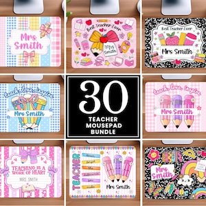 Puede incluir: Un paquete digital de 30 alfombrillas de ratón rectangulares con varios diseños coloridos que incluyen útiles escolares como lápices, libros y arcoíris. Cada alfombrilla incluye el texto Mrs. Smith y frases como Best Teacher Ever y Teach Love Inspire.