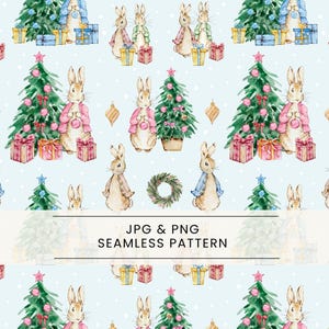Puede incluir: Patrón sin costuras con ilustraciones en acuarela de conejos, árboles de Navidad, regalos y adornos sobre un fondo azul claro. El texto "JPG & PNG SEAMLESS PATTERN" se muestra debajo.