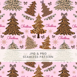 Puede incluir: Un patrón rosa sin costuras con árboles de Navidad con estampado de leopardo, lazos, copos de nieve y ramitas. La palabra "Christmas" está escrita en cursiva. El patrón está disponible en formatos JPG y PNG.