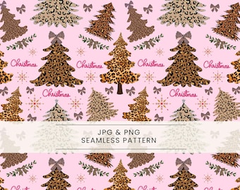 May include: A pink seamless pattern featuring Christmas trees with leopard print, bows, snowflakes, and sprigs. The word "Christmas" is written in a cursive font. The pattern is available in JPG and PNG formats.