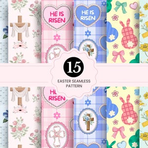 Puede incluir: Una colección de 15 patrones sin costuras de Pascua. Los diseños incluyen cruces, arreglos florales, lazos y siluetas de conejos. Los patrones presentan colores pastel, incluyendo rosa, azul y amarillo, con el texto "HE IS RISEN".