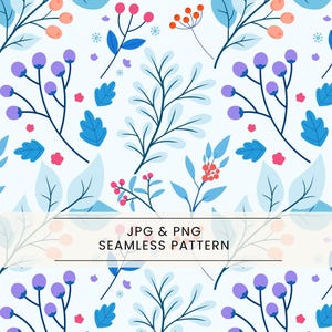 Puede incluir: Patrón sin costuras con elementos florales estilizados en tonos azules, morados, rosas y naranjas sobre un fondo claro. El diseño incluye ramas, hojas y bayas. Se muestra el texto "JPG & PNG SEAMLESS PATTERN".