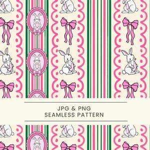 Puede incluir: Patrón sin costuras con conejos blancos, lazos rosas y marcos ovalados con ilustraciones de conejos, sobre un fondo crema con rayas verticales rosas y verdes. El texto "JPG & PNG SEAMLESS PATTERN" está en la parte inferior.