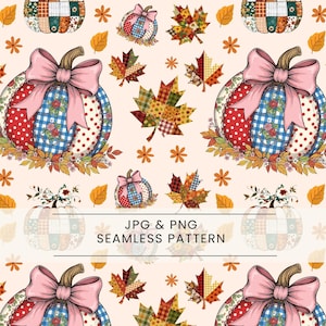 Puede incluir: Patrón sin costuras con calabazas de patchwork, lazos rosas y hojas de otoño. El diseño incluye el texto "JPG & PNG SEAMLESS PATTERN". Ideal para manualidades y proyectos de temática otoñal.