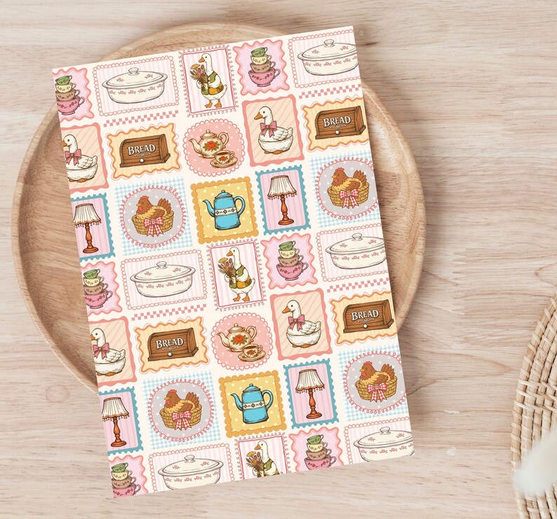 May include: A rectangular card featuring a repeating pattern of illustrations including geese, chickens in baskets, teapots, teacups, lamps, and bread boxes labeled with the word BREAD. The design uses a soft color palette of pink, blue, and yellow.