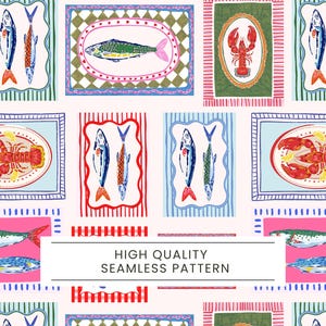 Puede incluir: Patrón repetitivo con ilustraciones de peces y langostas en platos, enmarcados con bordes decorativos. El diseño incluye azul, rojo, verde y rosa, con el texto "HIGH QUALITY SEAMLESS PATTERN" en un rectángulo blanco.