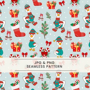 Puede incluir: Patrón navideño sin costuras con gansos de dibujos animados con trajes verde azulado y rojo, caminando sobre un fondo azul claro. El diseño incluye cajas de regalo, bastones de caramelo, lazos y calcetines. El texto "JPG & PNG SEAMLESS PATTERN" también está presente.