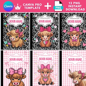 Puede incluir: Una descarga digital con seis portadas de cuadernos de composición. Cada portada presenta una vaca de las Tierras Altas de dibujos animados con un lazo rosa. Los fondos son un diseño moteado en blanco y negro o un patrón de cuadros rosas. El texto incluye "COMPOSITION BOOK" y "YOUR NAME".