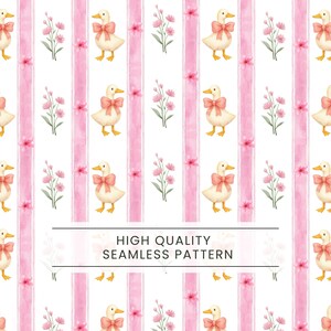 Puede incluir: Un patrón sin costuras con ilustraciones de acuarela de patos con lazos rosas, flores rosas y rayas rosas verticales sobre un fondo blanco. El texto "HIGH QUALITY SEAMLESS PATTERN" se muestra en la parte inferior.
