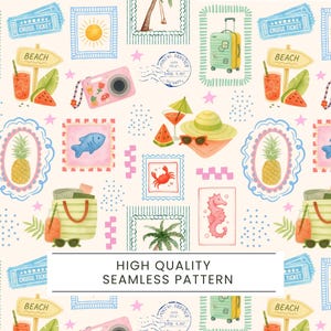 Mediterranean tropical summer seamless pattern, Vintage Beach Patchwork, Vacation seamless, Cute Beach Scrapbook Aesthetic, Tropical Stamps