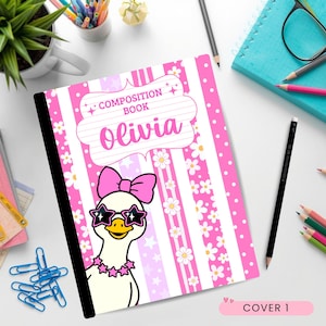 May include: A composition book with a pink and white striped cover featuring a white duck wearing a pink bow and star-shaped sunglasses. The cover displays the text "COMPOSITION BOOK" and the name "Olivia" in a decorative white label.