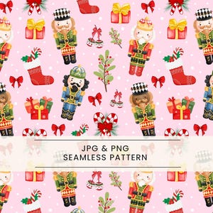 Op de afbeelding: Naadloos patroon met aquarel illustraties van notenkrakers, geschenkdozen, kerstsokken, strikken en zuurstokken op een roze achtergrond. De tekst "JPG & PNG SEAMLESS PATTERN" wordt onderaan weergegeven.