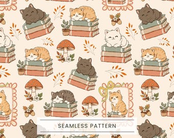 Nahtloses Muster für Katzenliebhaber und Bücherfreunde, Katzenliebhaber, Gemütlicher Herbst, Katzen und Bücher, Herbstliches Muster für Bücherfreunde, Cottagecore-Stoffdruck, Niedliche digitale Papiere