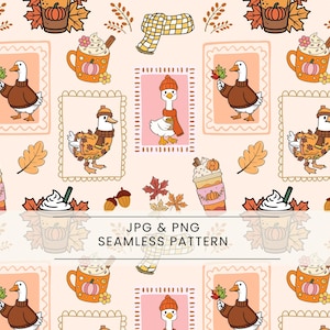 Puede incluir: Patrón sin costuras con ilustraciones otoñales. El diseño incluye gansos de dibujos animados con suéteres y sombreros, lattes de especias de calabaza, hojas de otoño, bellotas y bufandas. También está presente el texto "JPG & PNG SEAMLESS PATTERN".