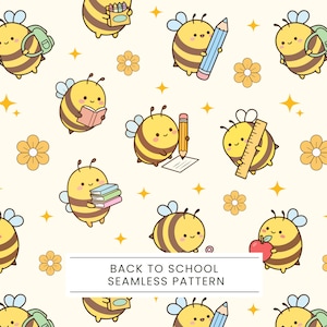 Puede incluir: Patrón sin costuras con abejas de dibujos animados que sostienen útiles escolares como lápices, libros y reglas. Las abejas son amarillas y marrones, con alas azules, sobre un fondo crema con flores y estrellas. El texto "BACK TO SCHOOL SEAMLESS PATTERN" está en la parte inferior.
