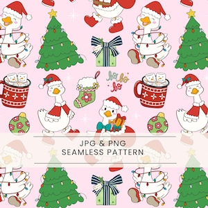 Puede incluir: Un patrón sin costuras con gansos de dibujos animados festivos con gorros de Papá Noel y envueltos en luces navideñas. El diseño incluye árboles de Navidad, tazas de chocolate caliente con malvaviscos y cajas de regalo sobre un fondo rosa. El texto "JPG & PNG SEAMLESS PATTERN" está presente.
