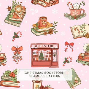 Puede incluir: Un patrón continuo sobre un fondo rosa claro con ilustraciones de una librería, pilas de libros, tazas con bebidas calientes, bastones de caramelo, piñas, lazos rojos y copos de nieve. El texto CHRISTMAS BOOKSTORE SEAMLESS PATTERN está centrado.