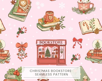 Christmas Bookish Seamless Pattern, Book Lover Digital Paper, Booktok decor, Bookstore Png, Cozy Reading Pattern, Coffee girly, Books art