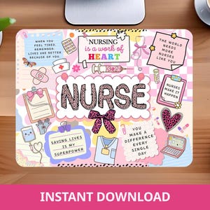 May include: A decorative mousepad with a nurse theme. The design includes the word "NURSE" in a leopard print font, along with various nursing-related illustrations and inspirational quotes. The background is a mix of pink, blue, and white.