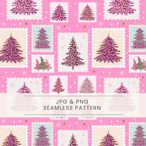 Puede incluir: Patrón sin costuras con árboles de Navidad rosas con diseños de estampado de leopardo sobre un fondo rosa. Los árboles están dentro de marcos tipo sello postal. Se muestra el texto "JPG & PNG SEAMLESS PATTERN".