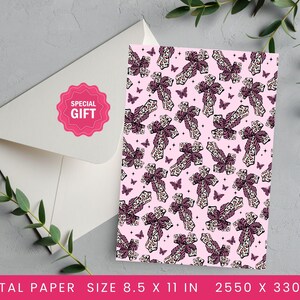 May include: A pink digital paper sheet featuring a repeating pattern of crosses and butterflies. The crosses have a leopard print design and are accented with purple bows. An envelope with a "SPECIAL GIFT" sticker is next to the paper. The paper is 21.6 x 27.9 cm.