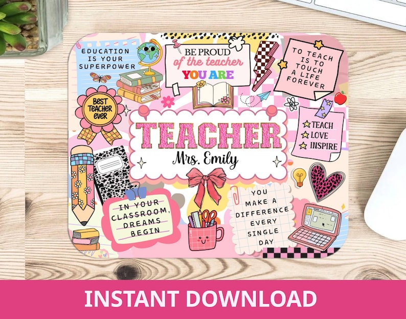 May include: A pink rectangular mousepad with a teacher theme. The design features the word "TEACHER" in pink, alongside illustrations like a pencil, books, and a laptop. Text includes "Education is your superpower" and "Best Teacher Ever".