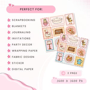 May include: A digital graphic sheet featuring two square grids of illustrated stamps with pink, blue, and yellow borders. The stamps depict geese, teapots, bread, lamps, and stacked teacups. Text includes "PERFECT FOR:", a list of uses, "2 PNGS", and "3600 X 3600 PX".