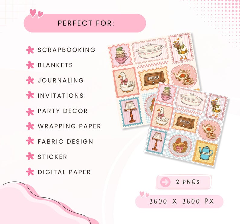 May include: A digital graphic sheet featuring two square grids of illustrated stamps with pink, blue, and yellow borders. The stamps depict geese, teapots, bread, lamps, and stacked teacups. Text includes "PERFECT FOR:", a list of uses, "2 PNGS", and "3600 X 3600 PX".