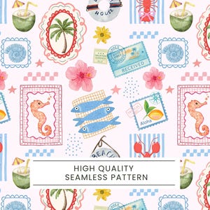 Puede incluir: Un patrón sin costuras con ilustraciones de acuarela de elementos tropicales. El diseño incluye palmeras, caballitos de mar, cocos, sellos, flores y langostas. El texto "HIGH QUALITY SEAMLESS PATTERN" se muestra en la parte inferior.