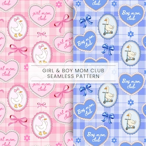 Puede incluir: Un patrón sin costuras con dos secciones distintas. El lado izquierdo muestra un fondo de cuadros rosas con patos blancos en marcos ovalados, lazos rosas y etiquetas en forma de corazón que dicen girl mom club. El lado derecho muestra un fondo de cuadros azules con patos blancos en patinetes, lazos azules y etiquetas en forma de corazón que dicen boy mom club.