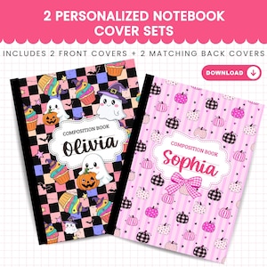 Puede incluir: Dos juegos de portadas de cuaderno personalizadas con dos portadas delanteras y dos traseras. Una portada tiene un patrón de cuadros negros y morados con fantasmas, calabazas y cupcakes. La otra tiene rayas rosas con calabazas y un lazo. Los nombres Olivia y Sophia están impresos.