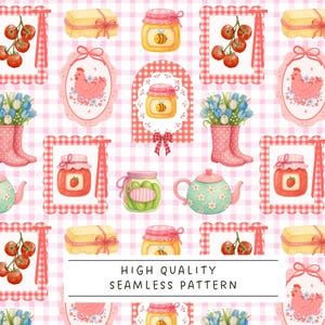 Puede incluir: Un patrón sin costuras de acuarela con un fondo de cuadros, que presenta ilustraciones de tomates, tarros de miel, una gallina, una tetera y tarros de mermelada, todo enmarcado en rojo y blanco. El texto "HIGH QUALITY SEAMLESS PATTERN" también está presente.