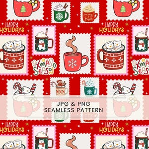 May include: A festive seamless pattern featuring various Christmas-themed mugs on a red background. The mugs are decorated with snowflakes, trees, and marshmallows. The words "Happy Holidays" and "Xmas Season" are also present.