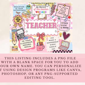 May include: A vibrant digital artwork featuring the word "TEACHER" in pink, with school-related imagery such as books, pencils, and a laptop. The design includes the phrases "Education is your superpower" and "Be proud of the teacher you are."