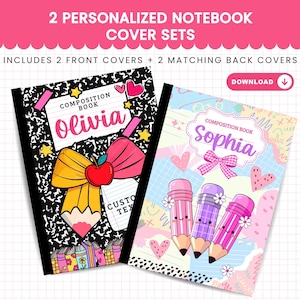 Puede incluir: Dos juegos de portadas para cuadernos personalizados con diseños gráficos. Una portada tiene un patrón moteado en blanco y negro con un lazo amarillo, una manzana roja y el nombre Olivia. La otra tiene formas pastel, tres lápices sonrientes y el nombre Sophia.