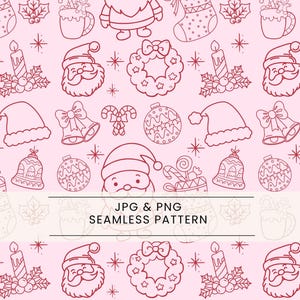 Puede incluir: Patrón navideño sin costuras con contornos rojos sobre fondo rosa. El diseño incluye caras de Papá Noel, sombreros, campanas, adornos, bastones de caramelo, medias y coronas. También está presente el texto "JPG & PNG SEAMLESS PATTERN".