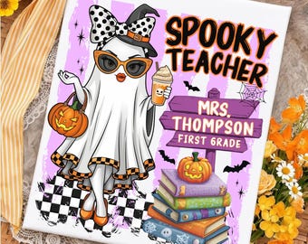Spooky Teacher PNG, Custom Name & Grade, Halloween Teacher Shirt Design, Preppy Ghost Sublimation, Coquette halloween, Personalized spooky