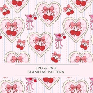 Puede incluir: Patrón sin costuras con corazones rosas, lazos y cerezas. También se presentan copas de martini con cerezas. El fondo es rosa claro con rayas verticales. Texto: JPG & PNG SEAMLESS PATTERN.