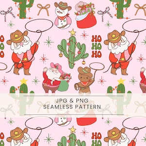 Christmas Seamless Pattern, Western cowboy christmas, Howdy Christmas,Holiday pattern, Country Santa, Cute christmas designs, Pink christmas