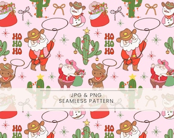 Christmas Seamless Pattern, Western cowboy christmas, Howdy Christmas,Holiday pattern, Country Santa, Cute christmas designs, Pink christmas
