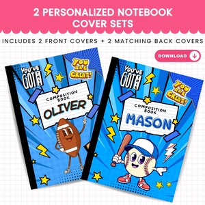 May include: Two personalised notebook cover sets featuring a blue comic book style background with yellow stars and lightning bolts. The covers display the text You've Got This and You Are Great, with names Oliver and Mason on composition book labels.