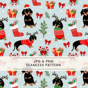 Puede incluir: Patrón navideño sin costuras con perros salchicha con suéteres, gorros de Papá Noel y cuernos de reno. El diseño incluye cajas de regalo, lazos, bastones de caramelo y calcetines sobre un fondo azul claro. También se incluye el texto "JPG & PNG SEAMLESS PATTERN".