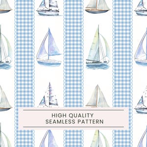 Watercolor Sailboat Seamless Pattern, Coastal Summer Nautical Digital Paper, Blue Gingham Stripes, Preppy Beach Wallpaper, Boats seamless