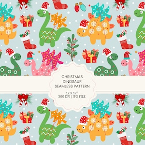 May include: A repeating pattern featuring cartoon dinosaurs wearing Santa hats and decorated with Christmas trees. The dinosaurs are in shades of green, orange, and pink, with gifts, stockings, and ornaments on a light blue background. The text reads "Christmas Dinosaur Seamless Pattern".